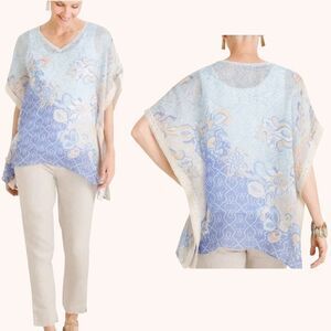 Chicos Size S-M Linen Exotic Floral Lace Poncho Top Blue Coverup Coastal Beach